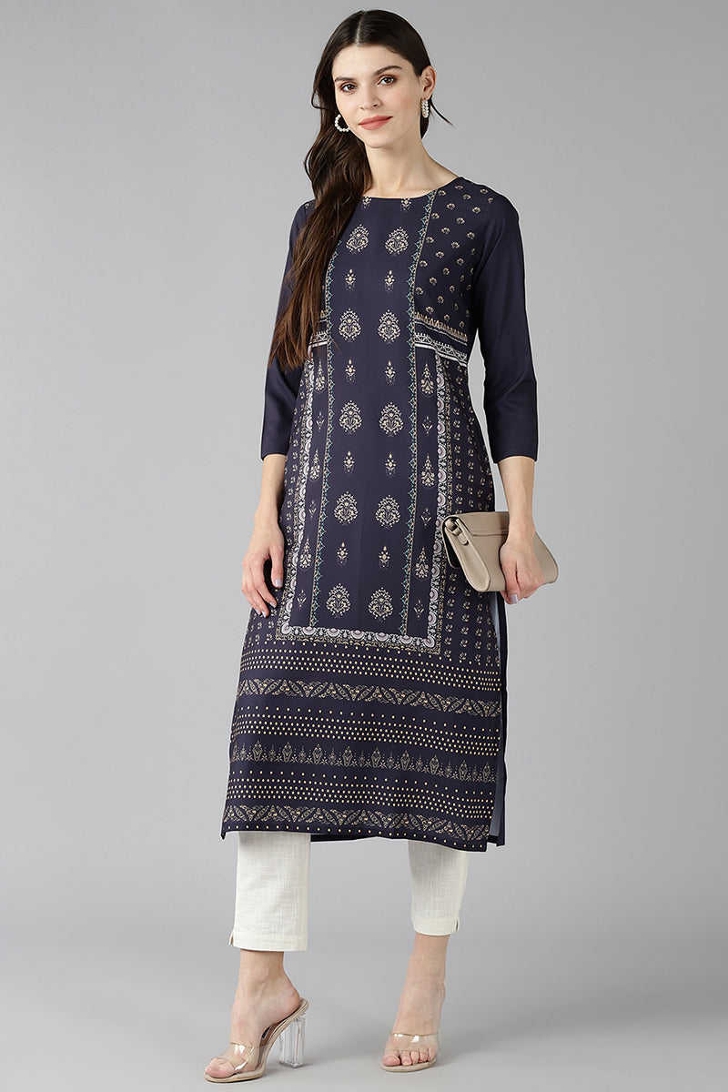 AHIKA Women Navy Blue & Beige Screen Printed Straight Kurta