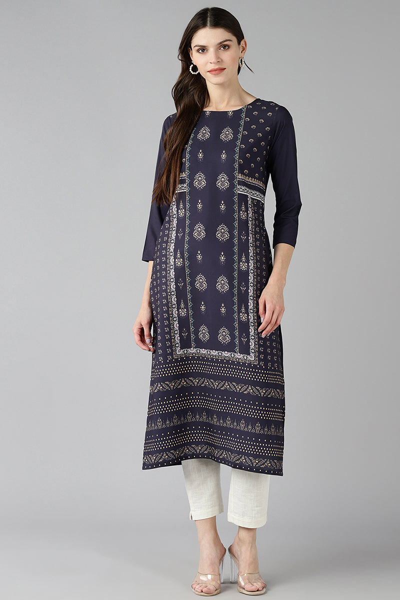 AHIKA Women Navy Blue & Beige Screen Printed Straight Kurta