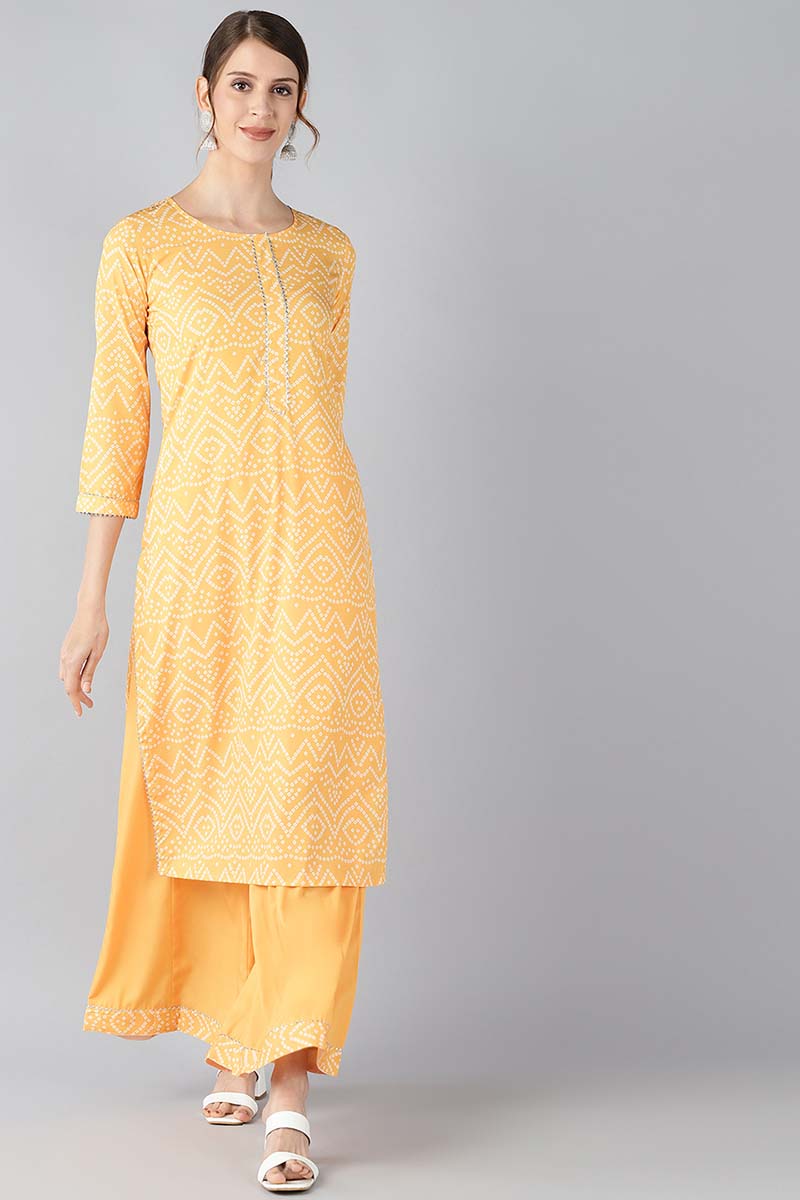 Yellow Crepe Bandhani Printed Straight Kurta Palazzo Set PKSET1003E