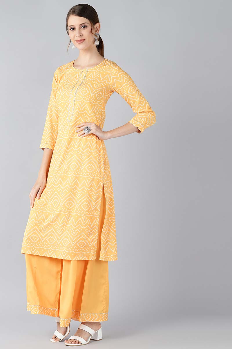 Yellow Crepe Bandhani Printed Straight Kurta Palazzo Set PKSET1003E