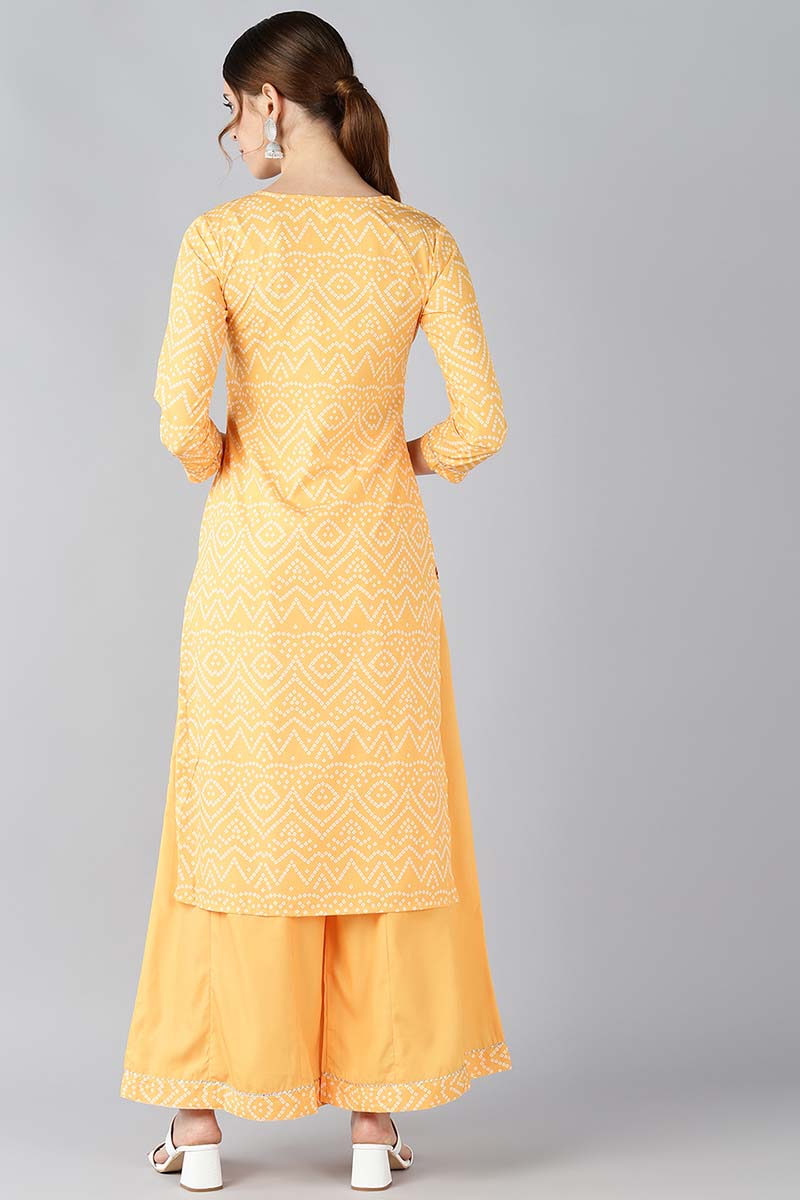Yellow Crepe Bandhani Printed Straight Kurta Palazzo Set PKSET1003E