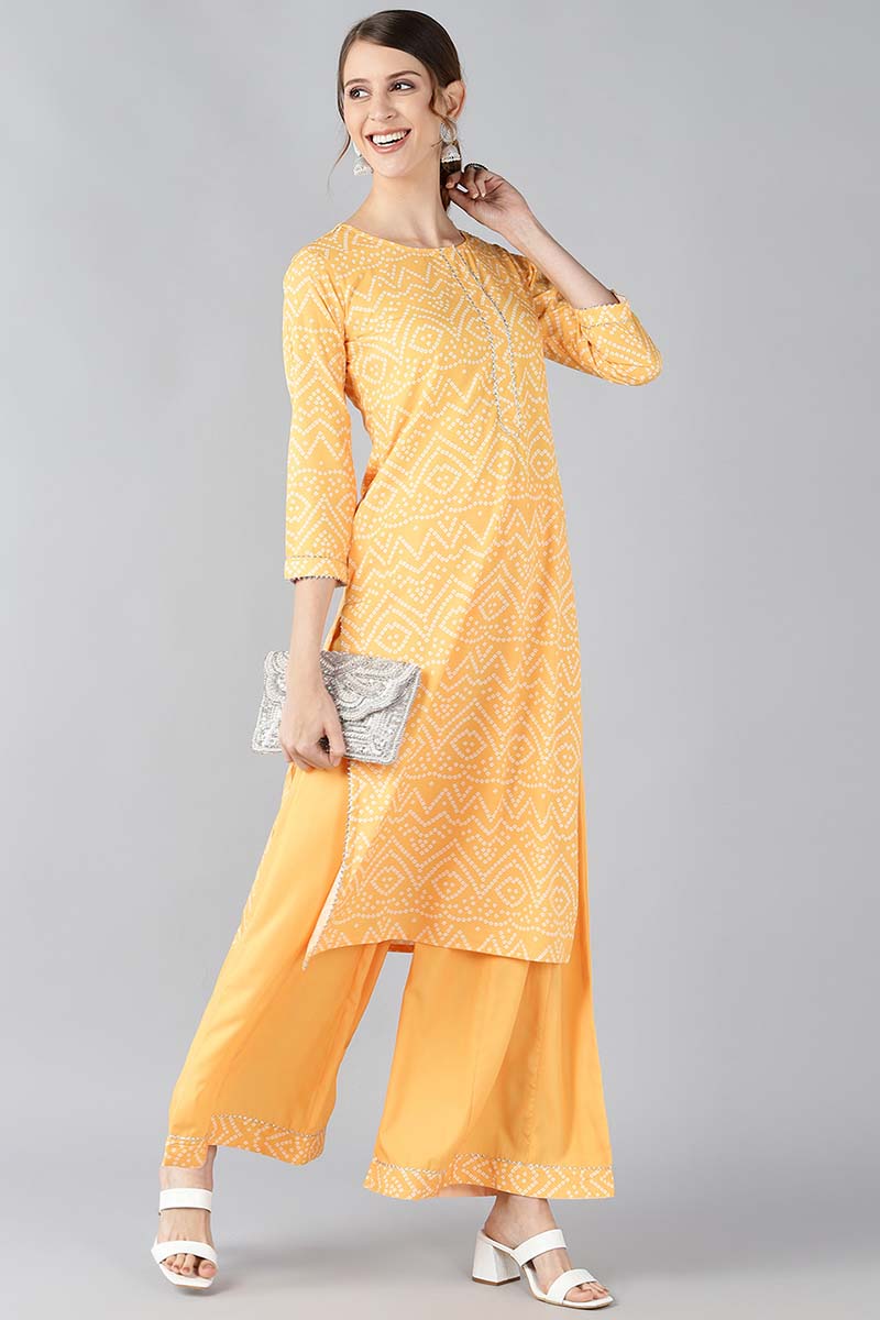 Yellow Crepe Bandhani Printed Straight Kurta Palazzo Set PKSET1003E