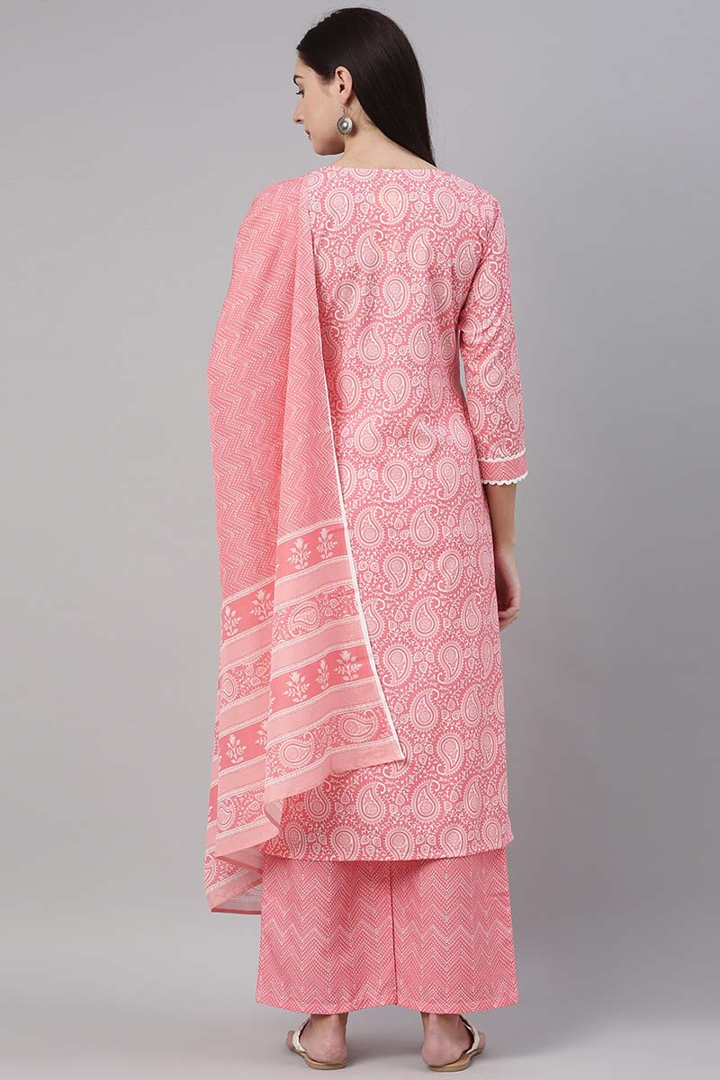 Pink Polyester Paisley Printed Straight Suit Set PKSKD1030