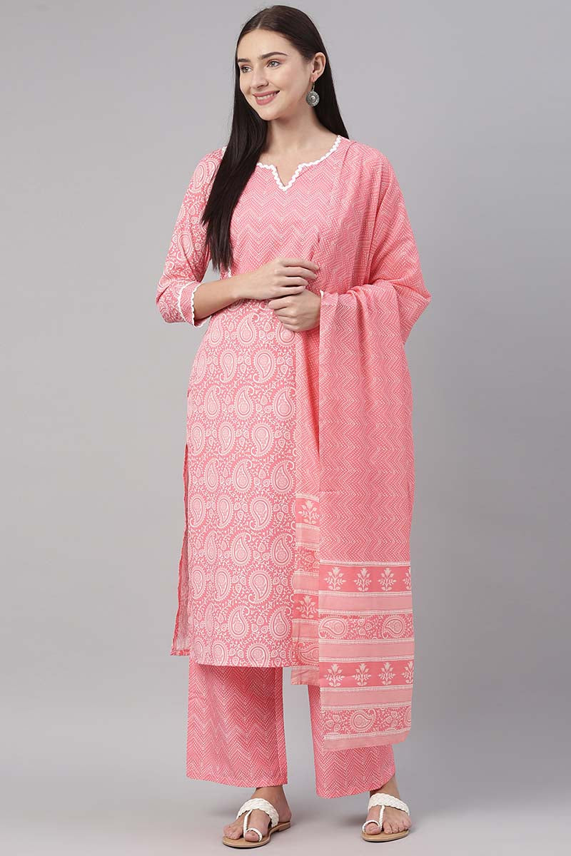 Pink Polyester Paisley Printed Straight Suit Set PKSKD1030