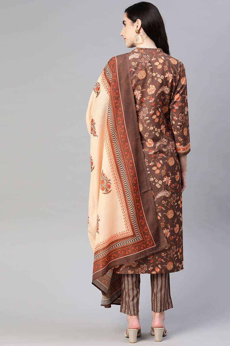 Brown Poly Crepe Floral Print Straight Suit Set PKSKD1036