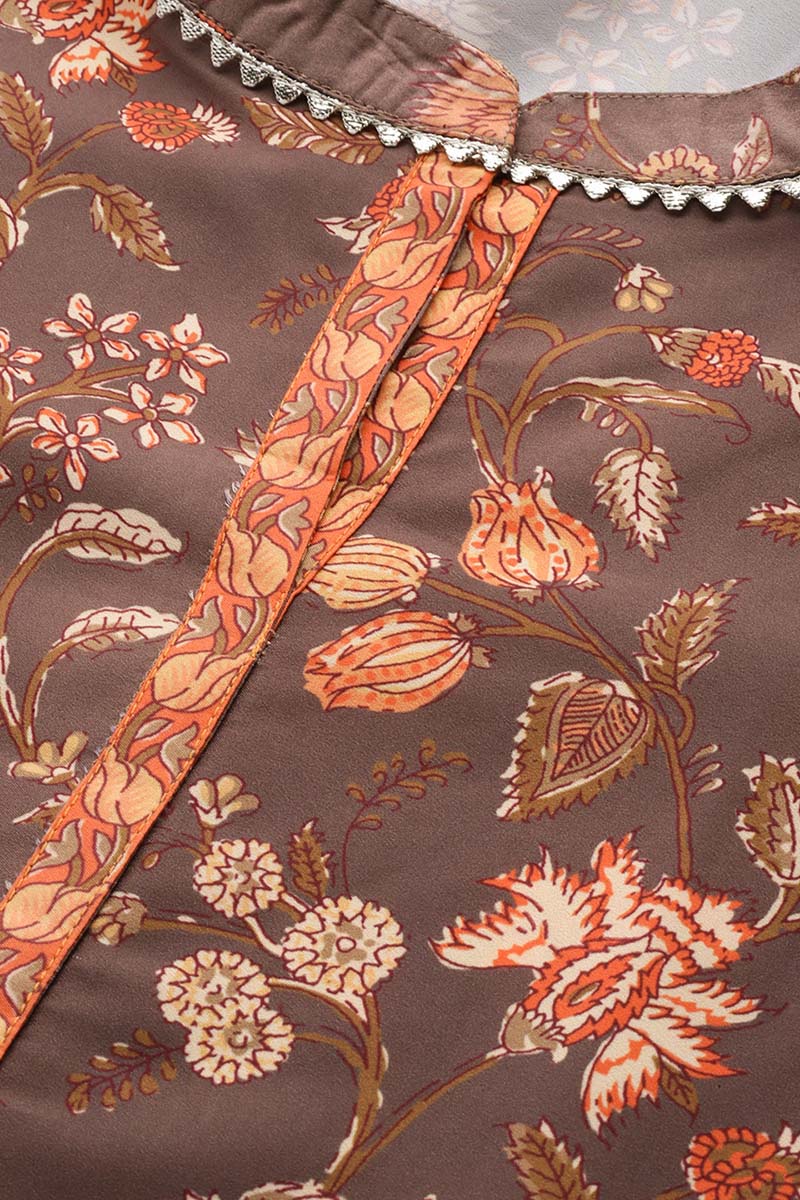 Brown Poly Crepe Floral Print Straight Suit Set PKSKD1036