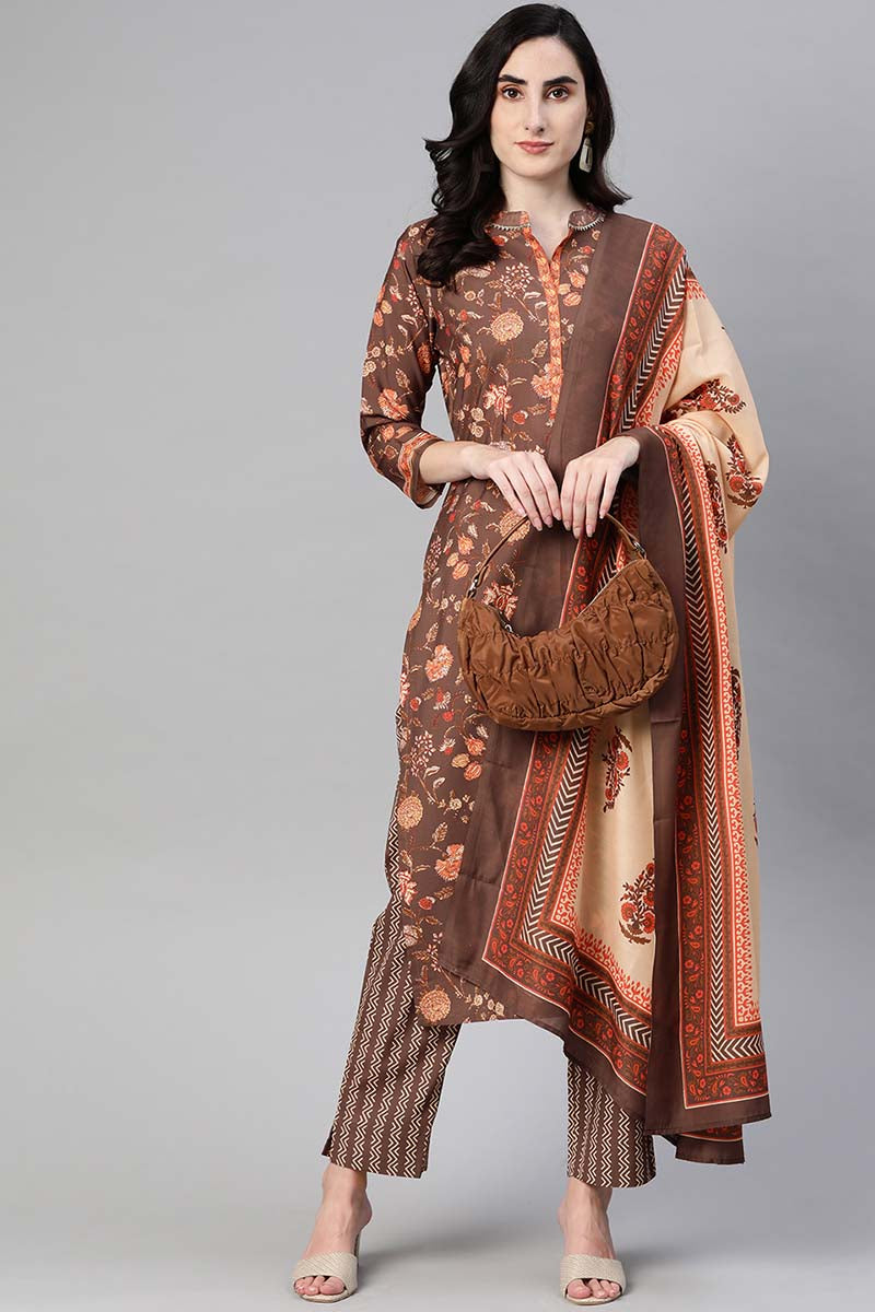 Brown Poly Crepe Floral Print Straight Suit Set PKSKD1036