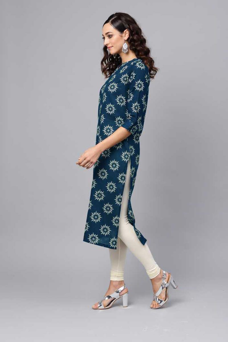 Ahika Women Printed Navy Blue Cotton Fabric Kurti 