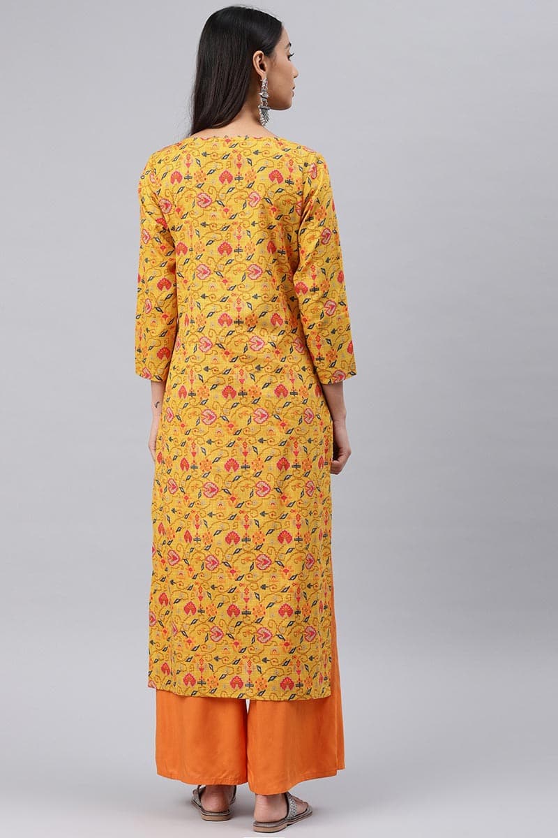 Ahika Women Beautiful Mustard Color Printed Cotton Fabric Kurti