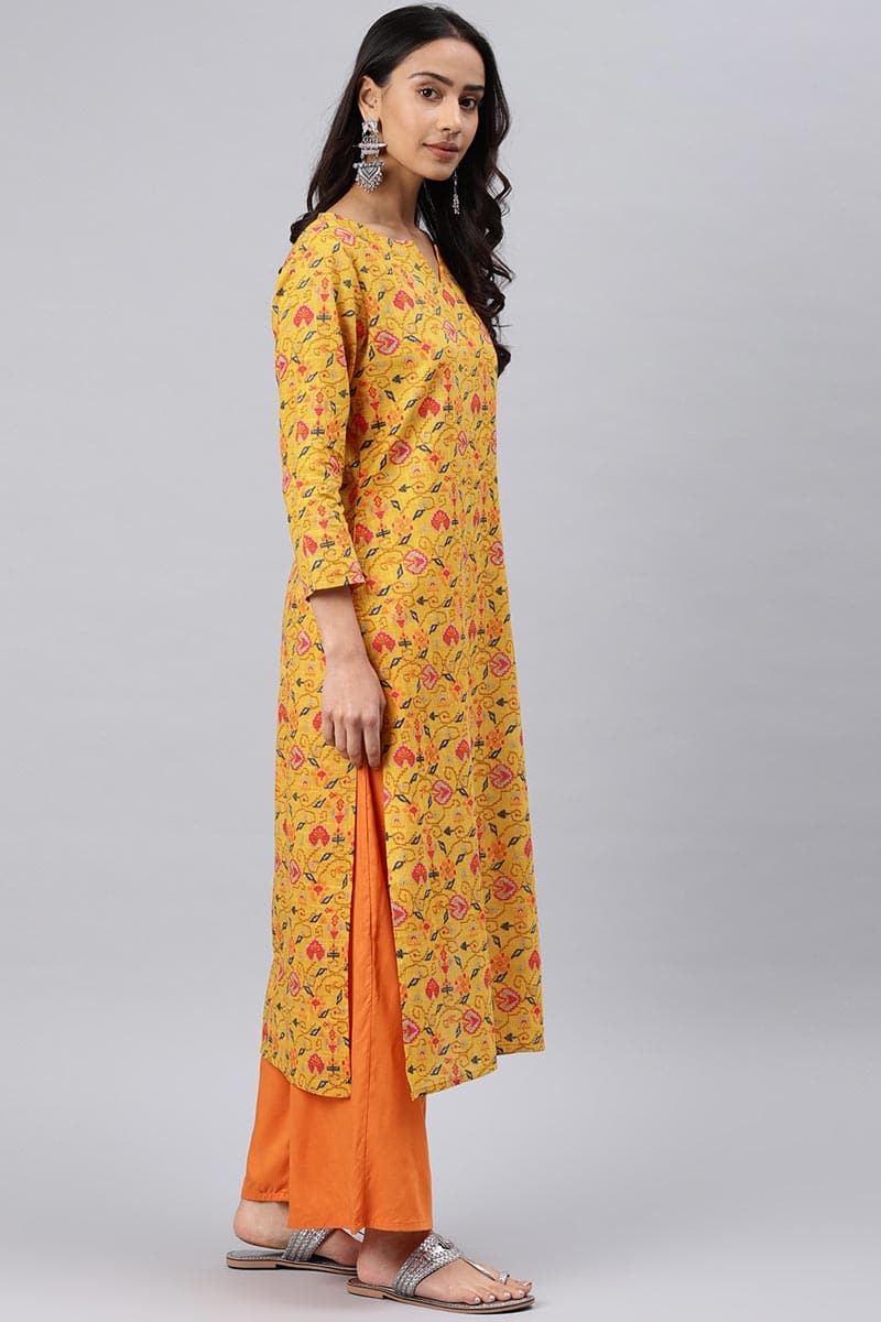 Ahika Women Beautiful Mustard Color Printed Cotton Fabric Kurti