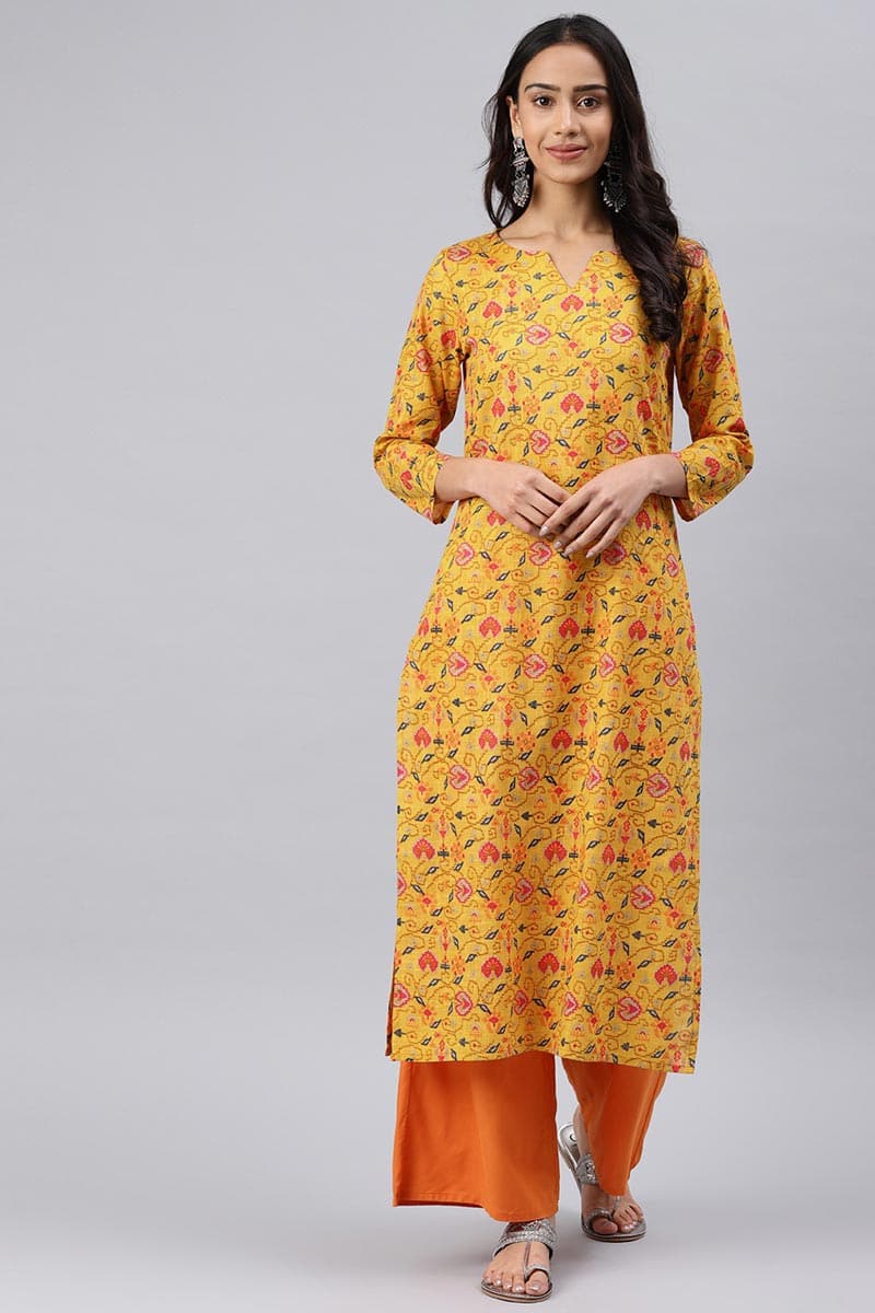 Ahika Women Beautiful Mustard Color Printed Cotton Fabric Kurti