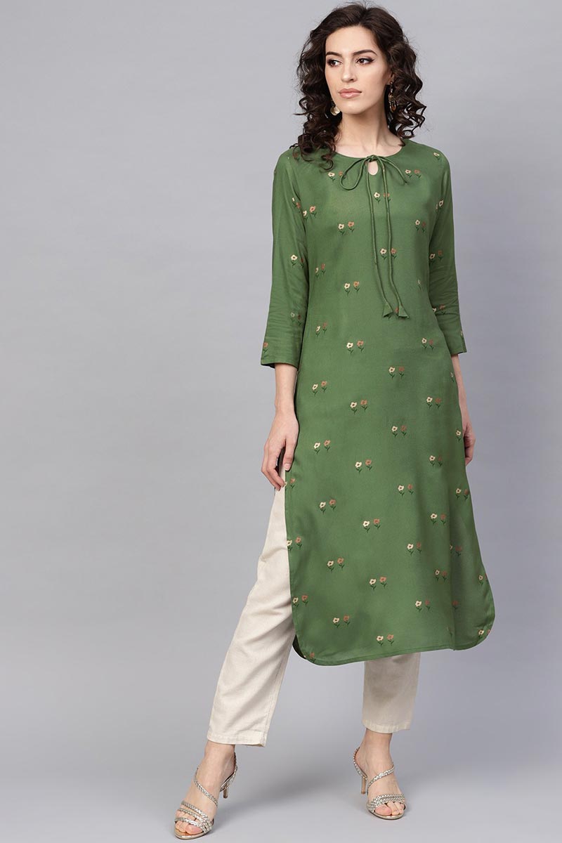 Ahika Women Green Color Printed Fancy Kurti