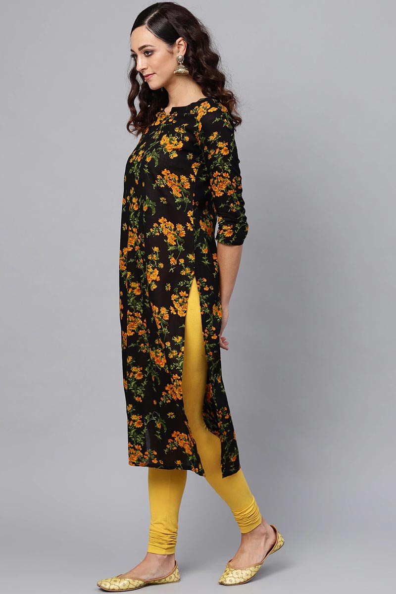Regular Wear Rayon Blend Fabric Printed Black Color Simple Kurti VCK1193