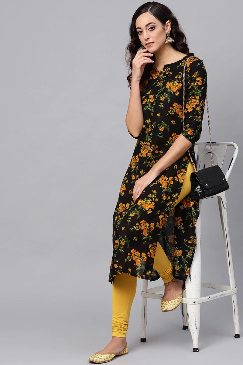 Regular Wear Rayon Blend Fabric Printed Black Color Simple Kurti VCK1193