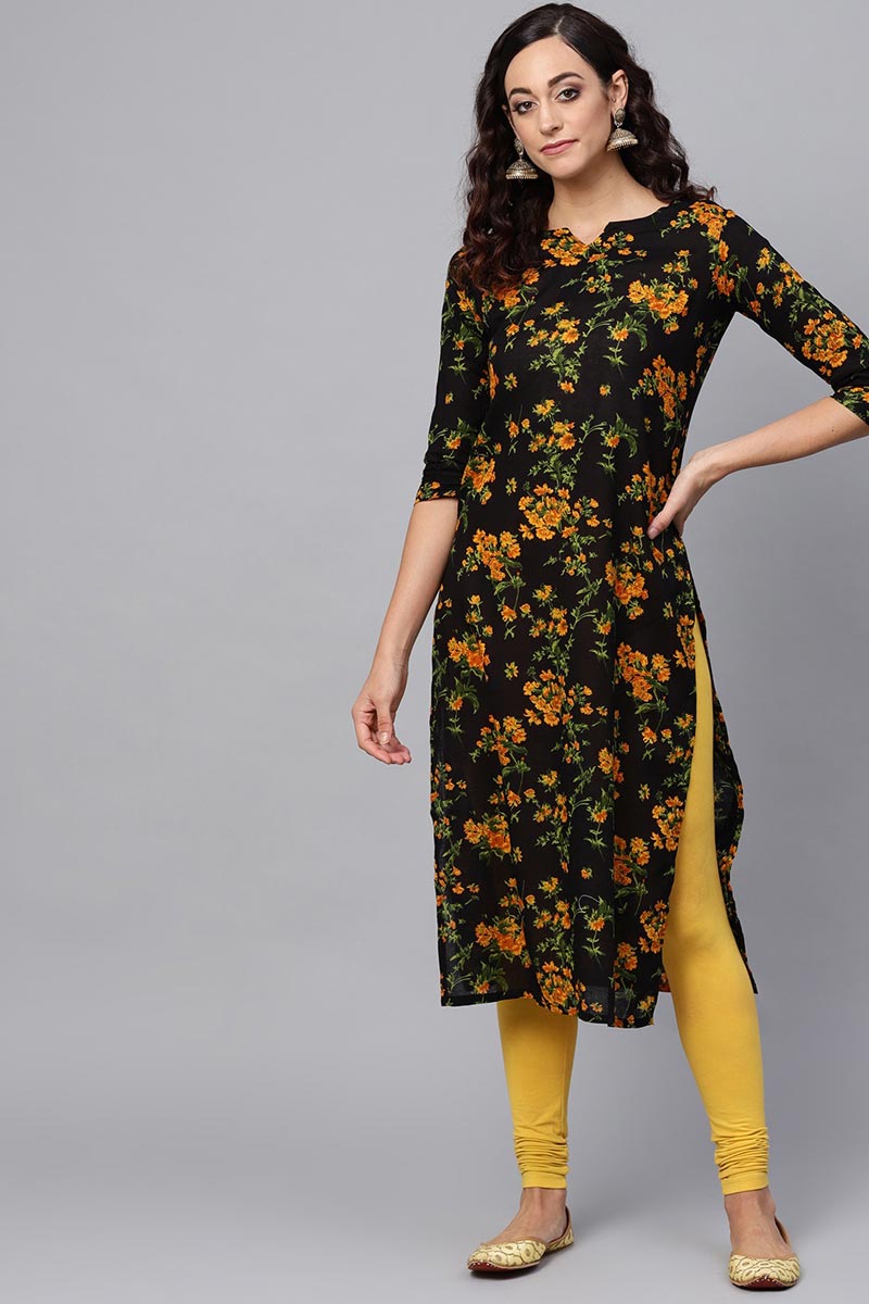 Regular Wear Rayon Blend Fabric Printed Black Color Simple Kurti VCK1193