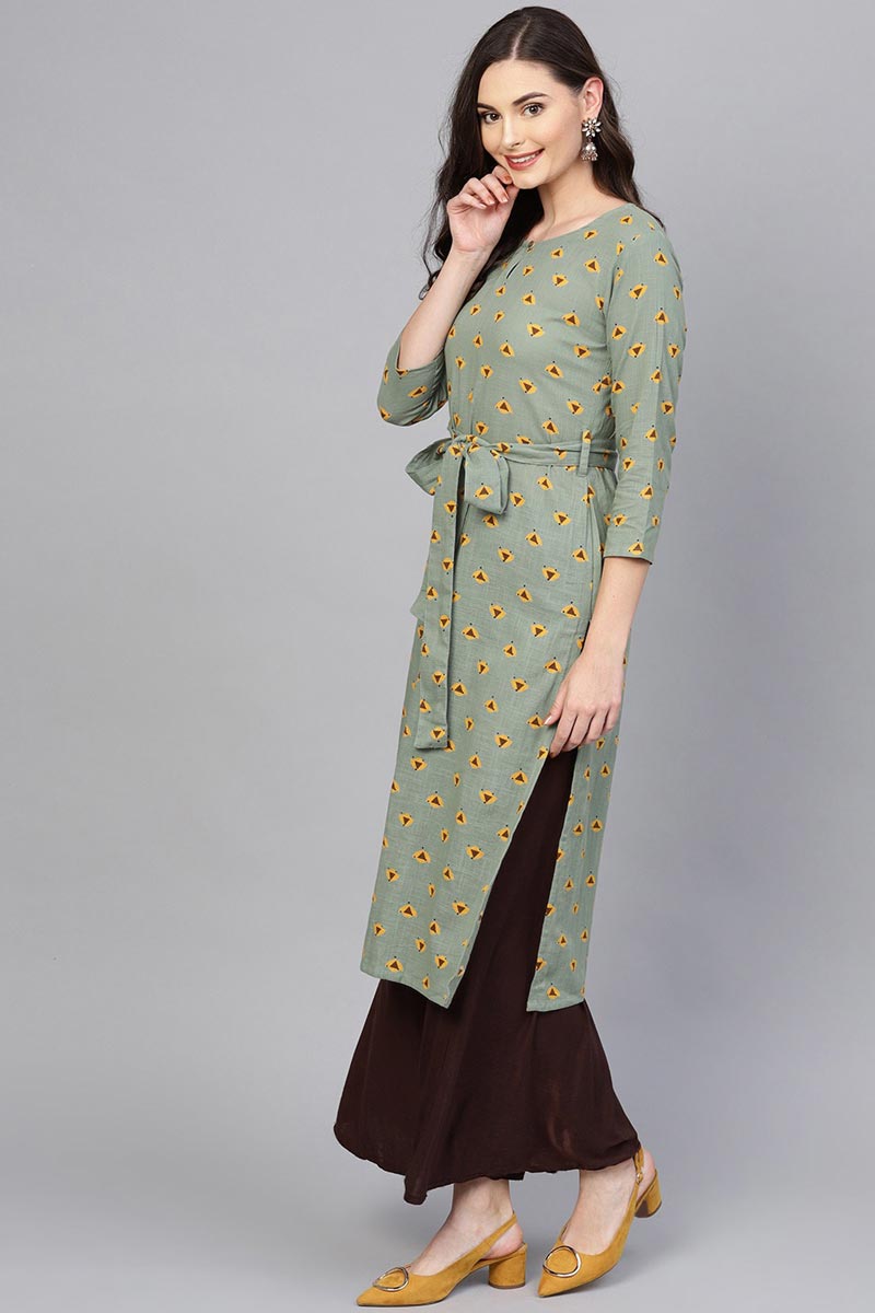 Ahika Women Festive Wear Cotton Fabric Khaki Color Printed Trendy Kurti