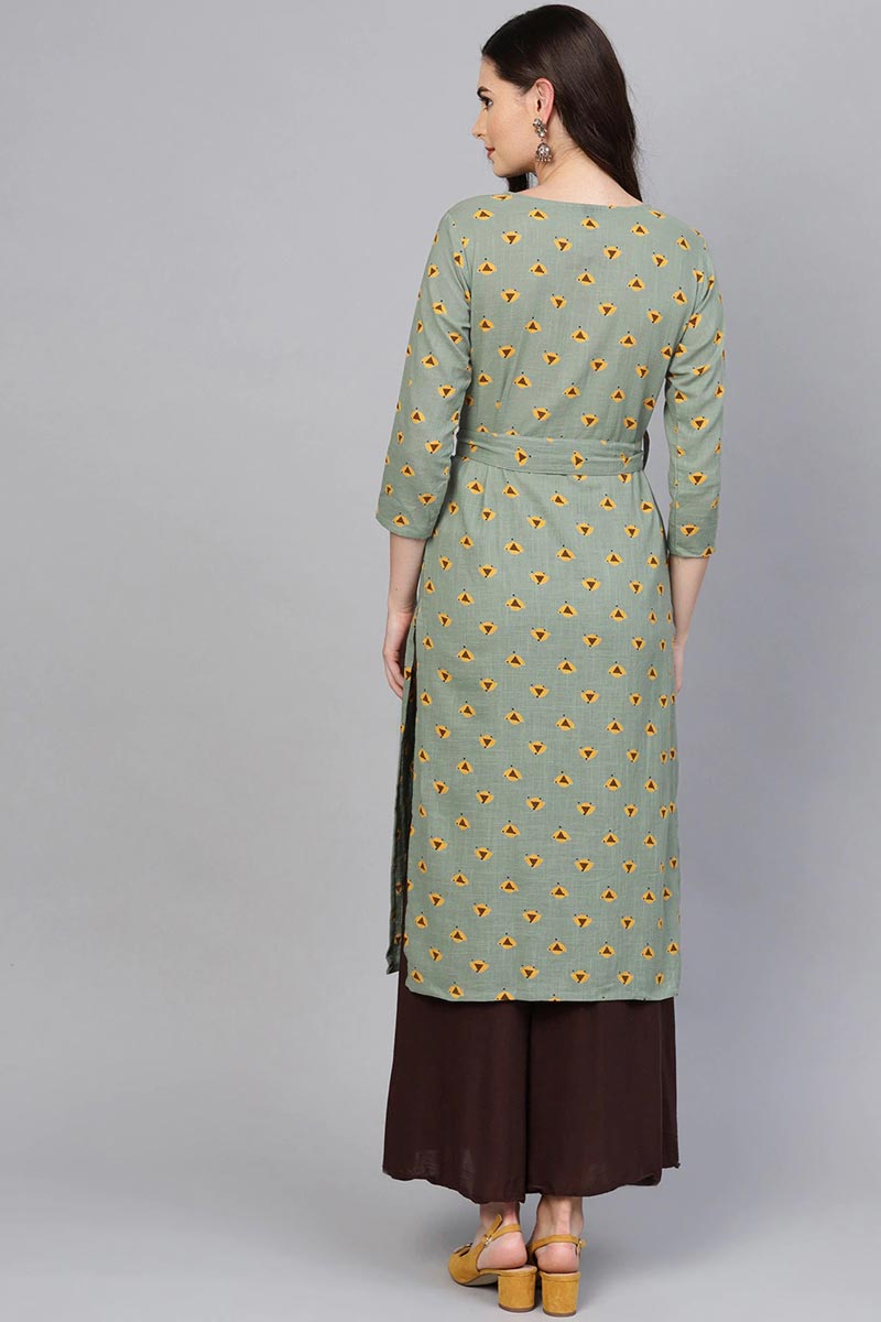 Ahika Women Festive Wear Cotton Fabric Khaki Color Printed Trendy Kurti
