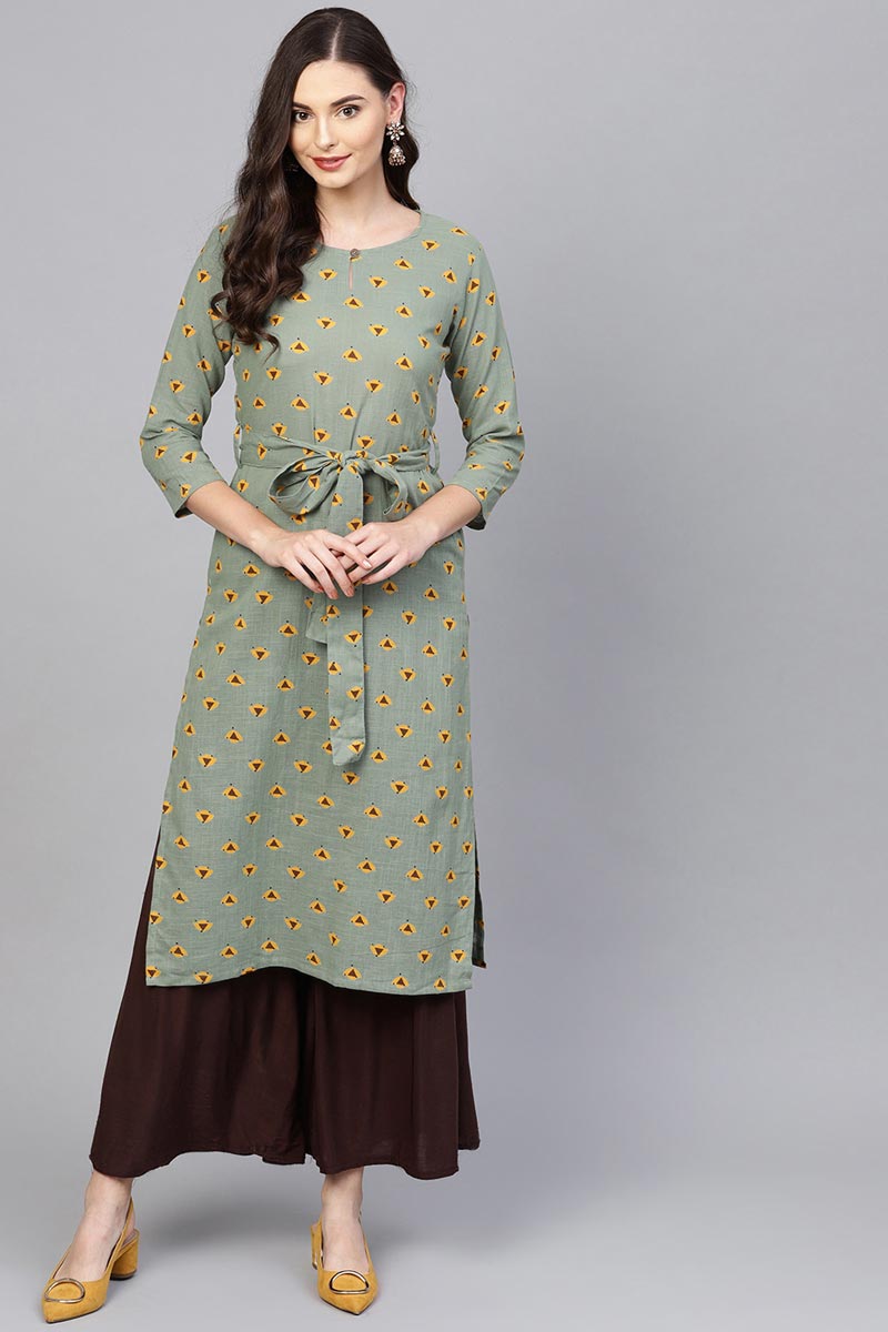 Ahika Women Festive Wear Cotton Fabric Khaki Color Printed Trendy Kurti