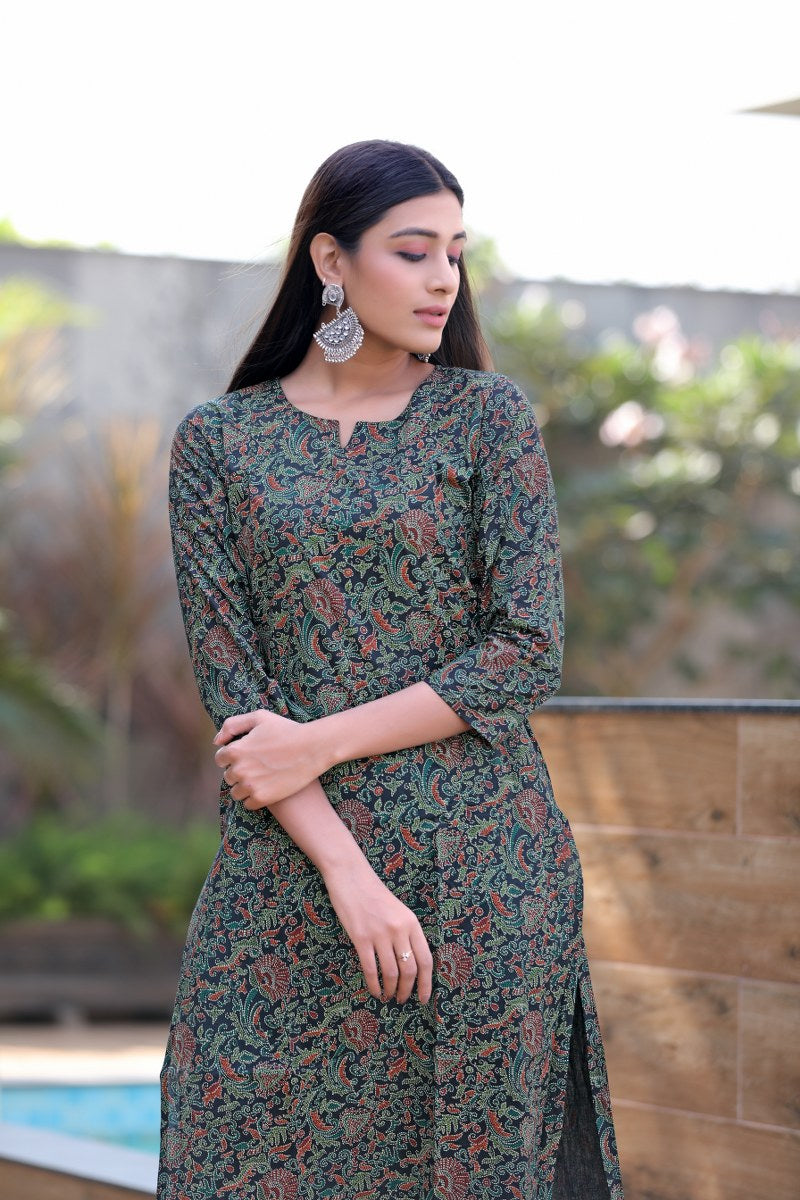 Printed Black Cotton Fabric Kurti VCK1312