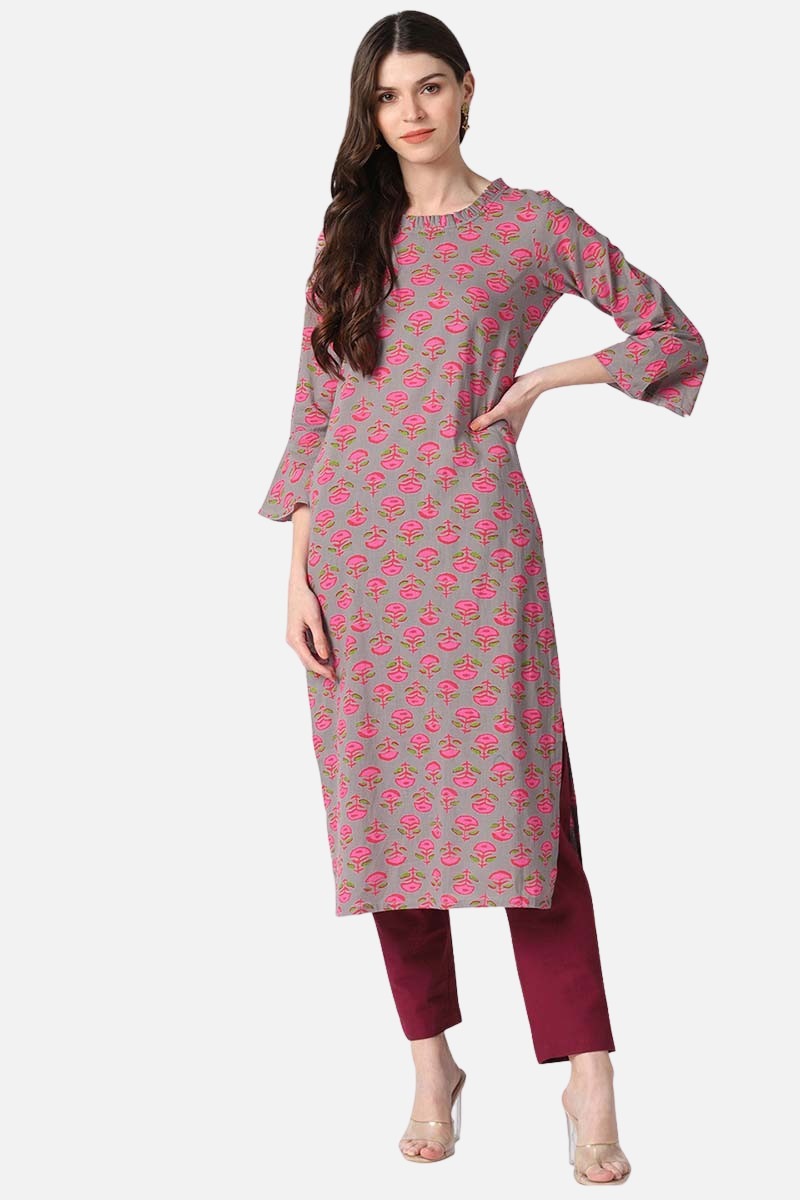 Cotton Fabric Dark Beige Color Printed Fancy Daily Wear Kurti