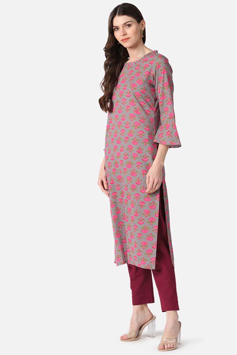 Cotton Fabric Dark Beige Color Printed Fancy Daily Wear Kurti