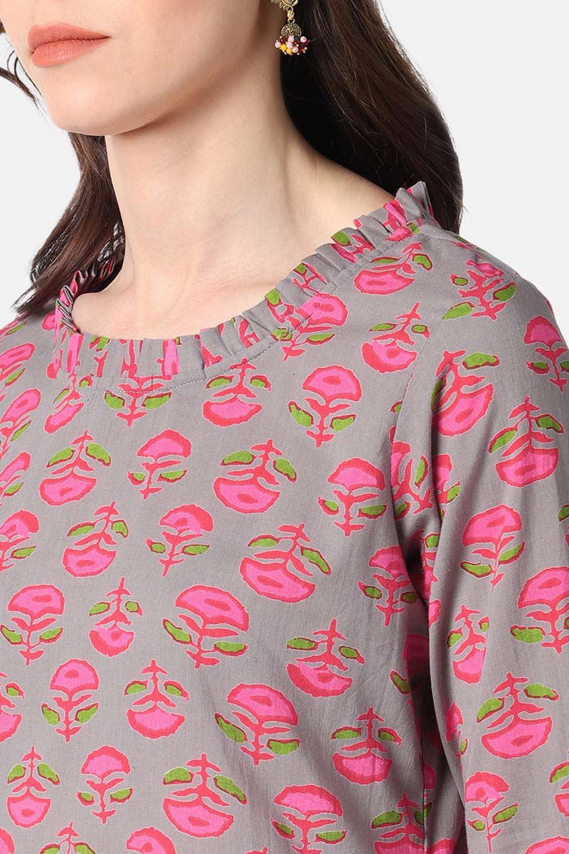 Cotton Fabric Dark Beige Color Printed Fancy Daily Wear Kurti