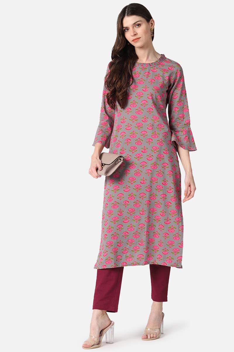 Cotton Fabric Dark Beige Color Printed Fancy Daily Wear Kurti