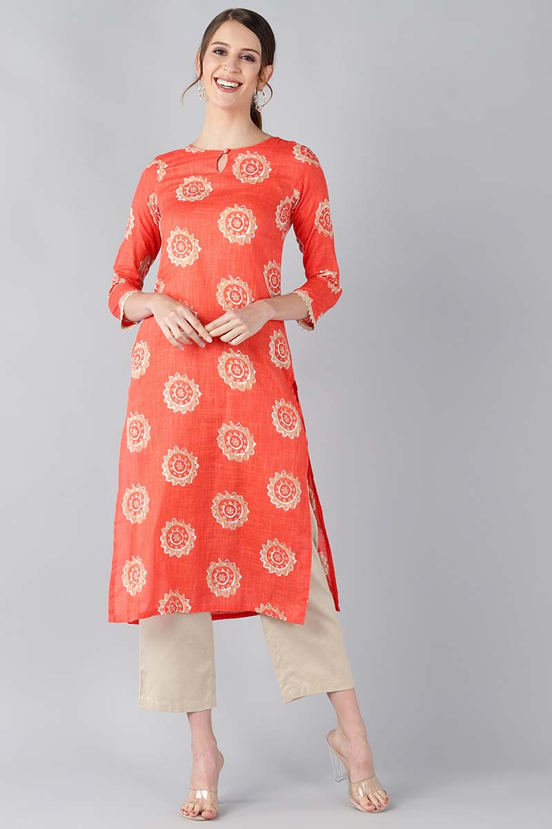AHIKA Women Coral Orange & Beige Screen Printed Straight Kurta