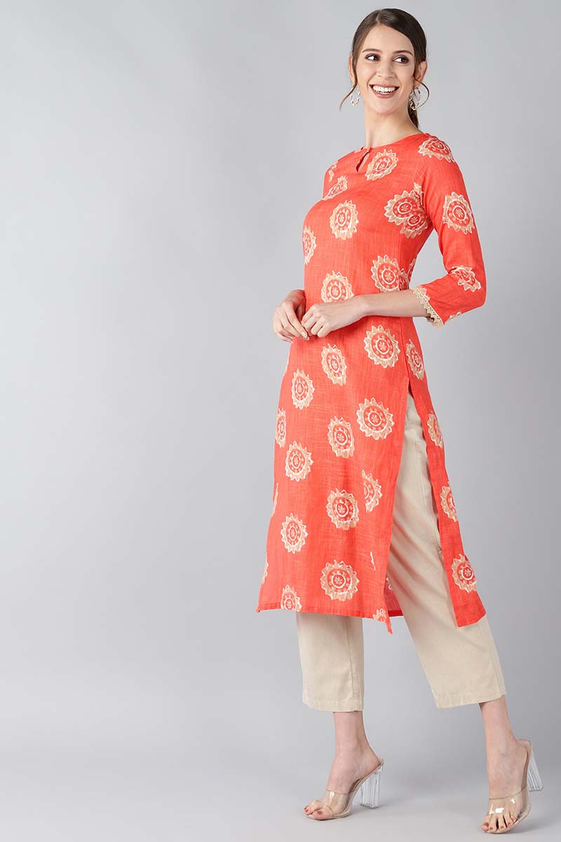 AHIKA Women Coral Orange & Beige Screen Printed Straight Kurta