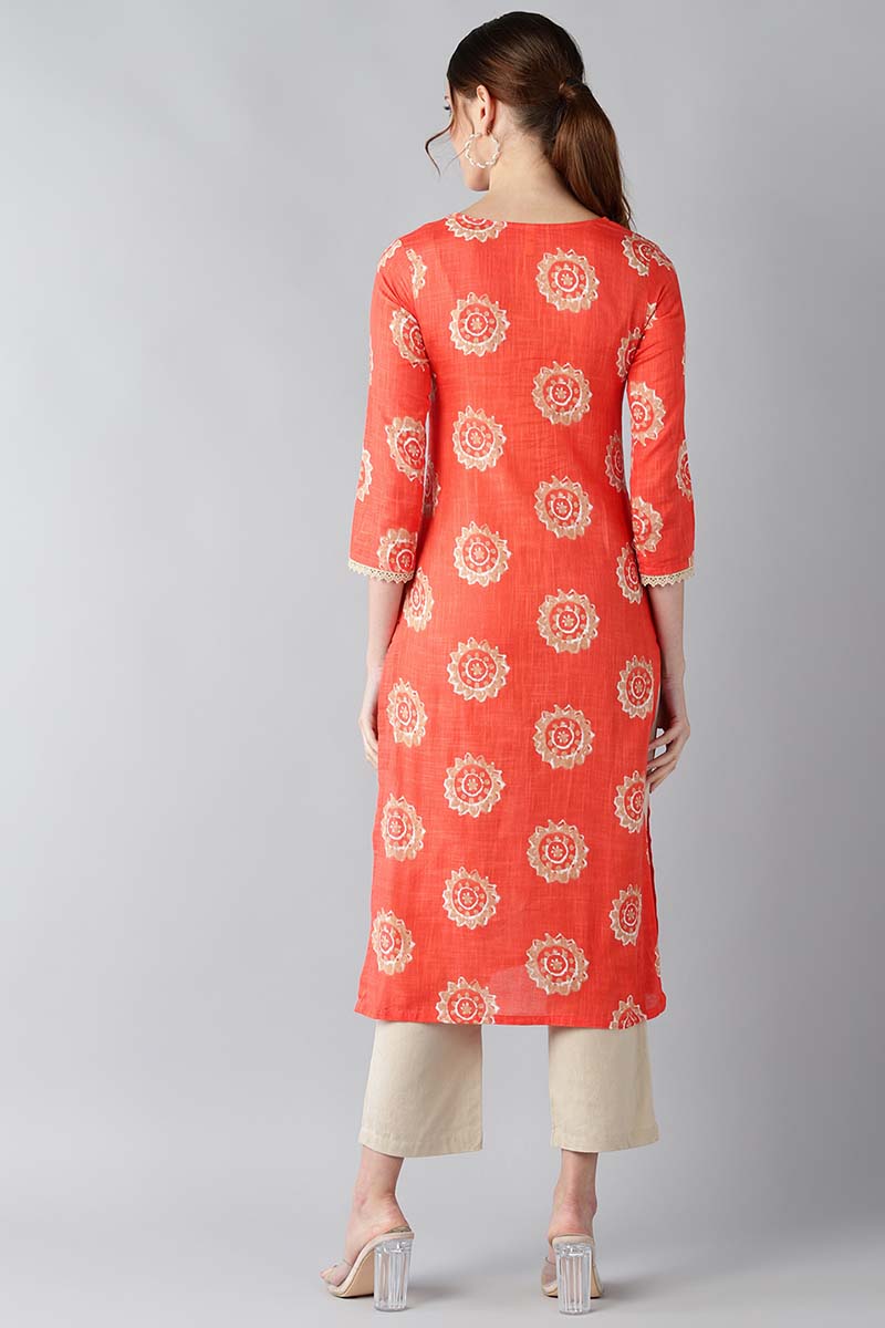 AHIKA Women Coral Orange & Beige Screen Printed Straight Kurta