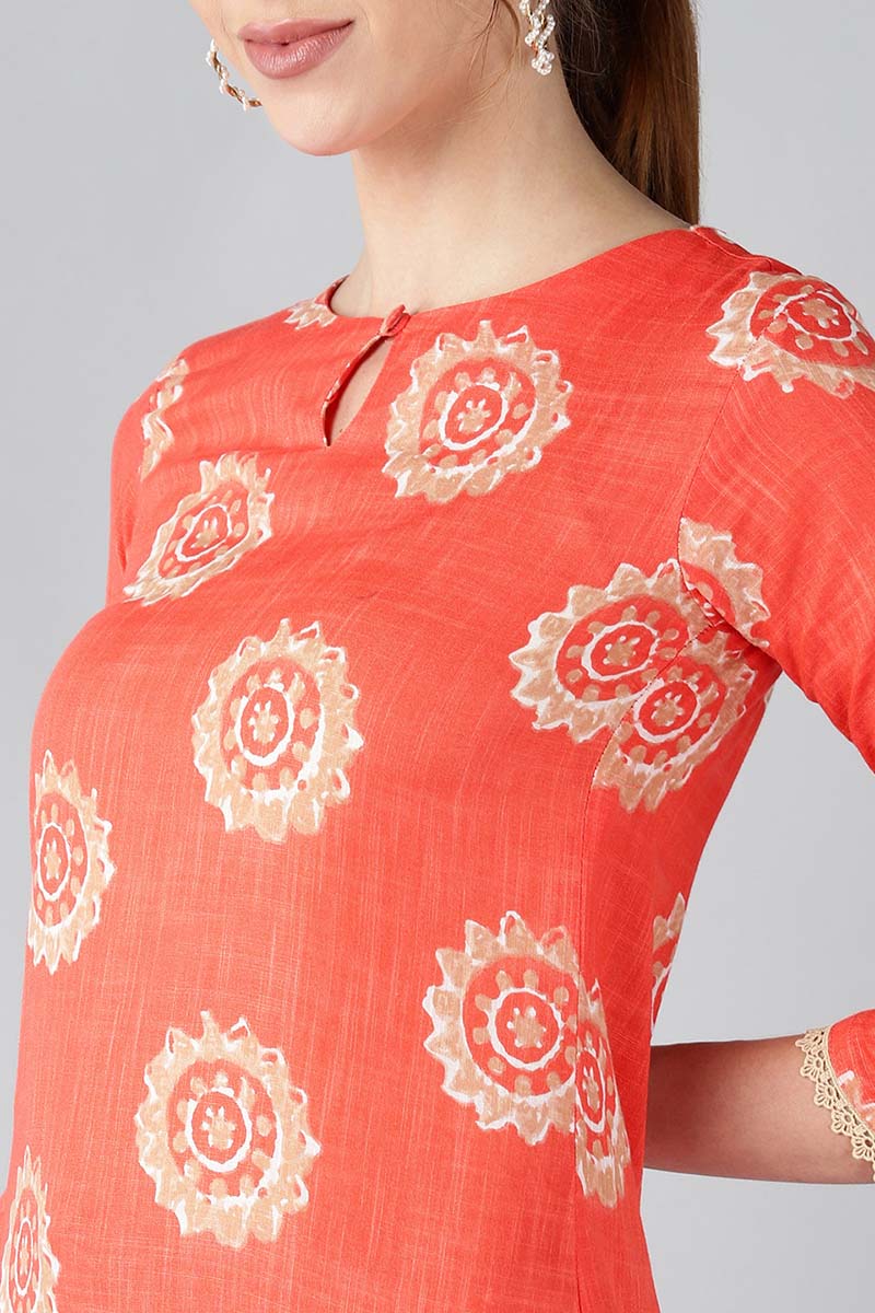 AHIKA Women Coral Orange & Beige Screen Printed Straight Kurta
