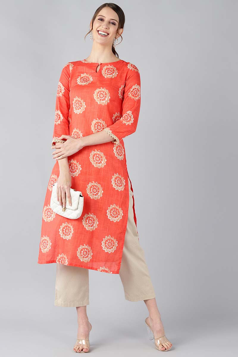 AHIKA Women Coral Orange & Beige Screen Printed Straight Kurta
