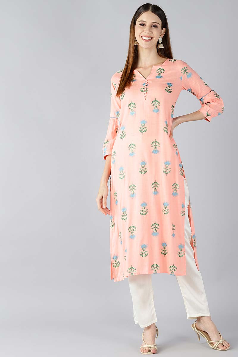 AHIKA Women Peach Coloured & Blue Printed Straight Kurta
