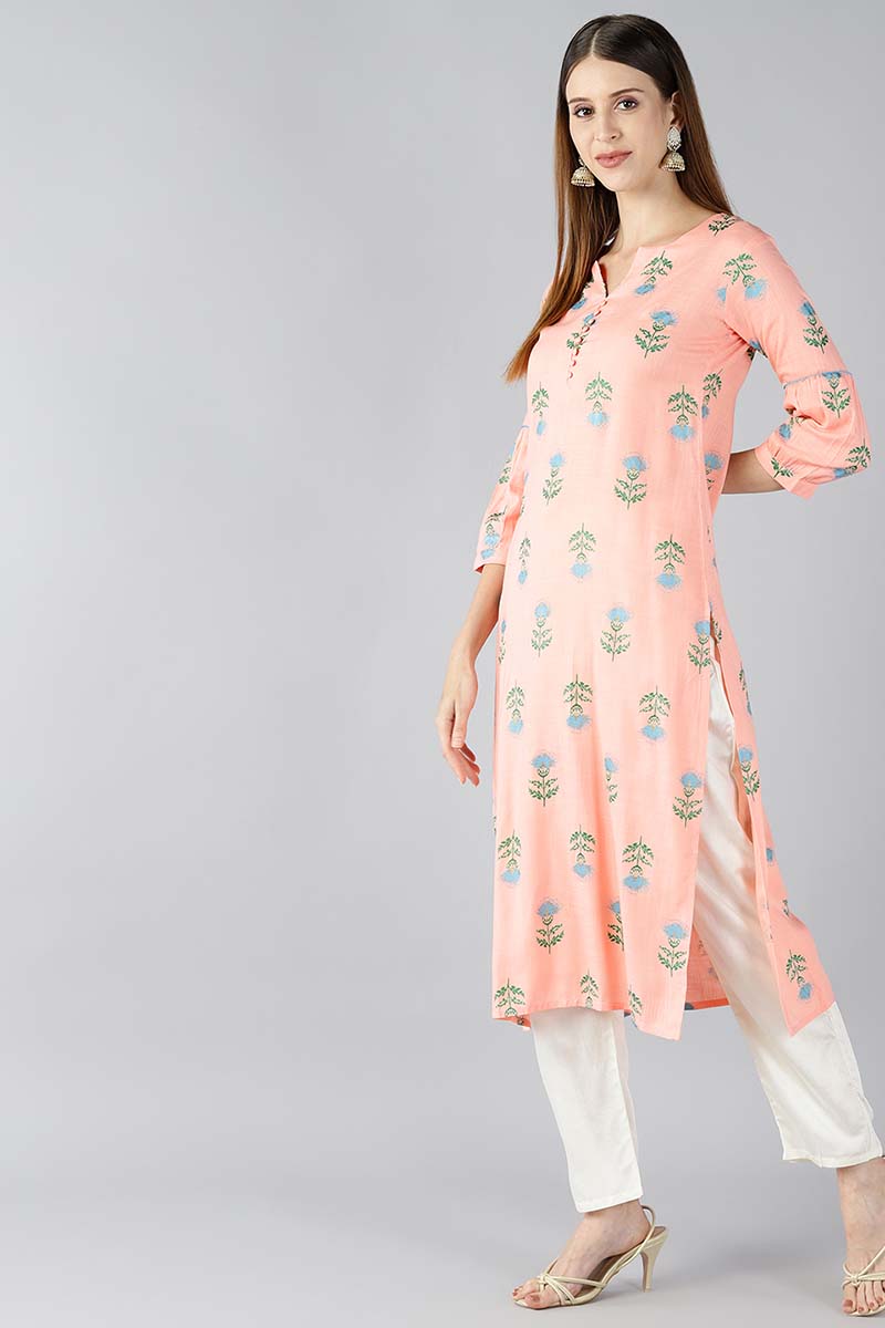 AHIKA Women Peach Coloured & Blue Printed Straight Kurta