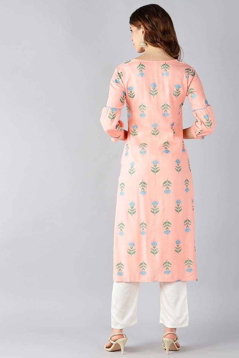 AHIKA Women Peach Coloured & Blue Printed Straight Kurta