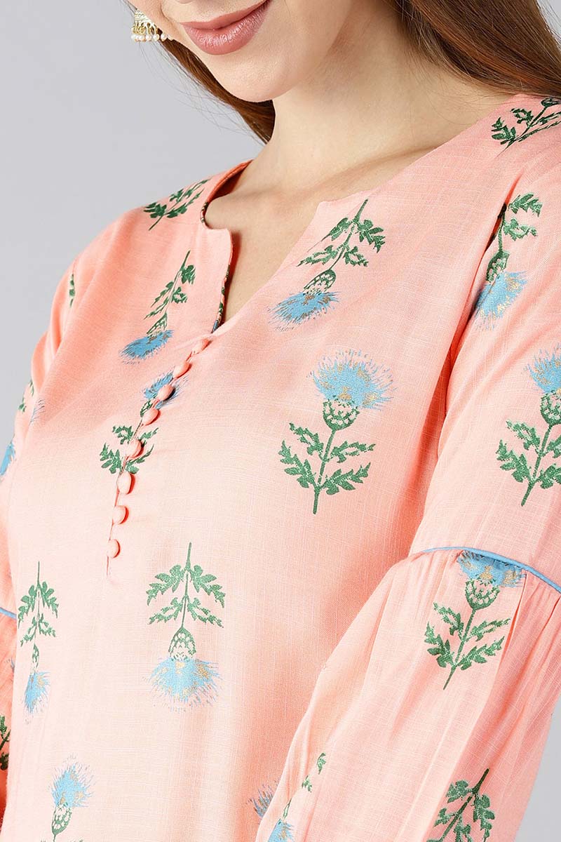AHIKA Women Peach Coloured & Blue Printed Straight Kurta