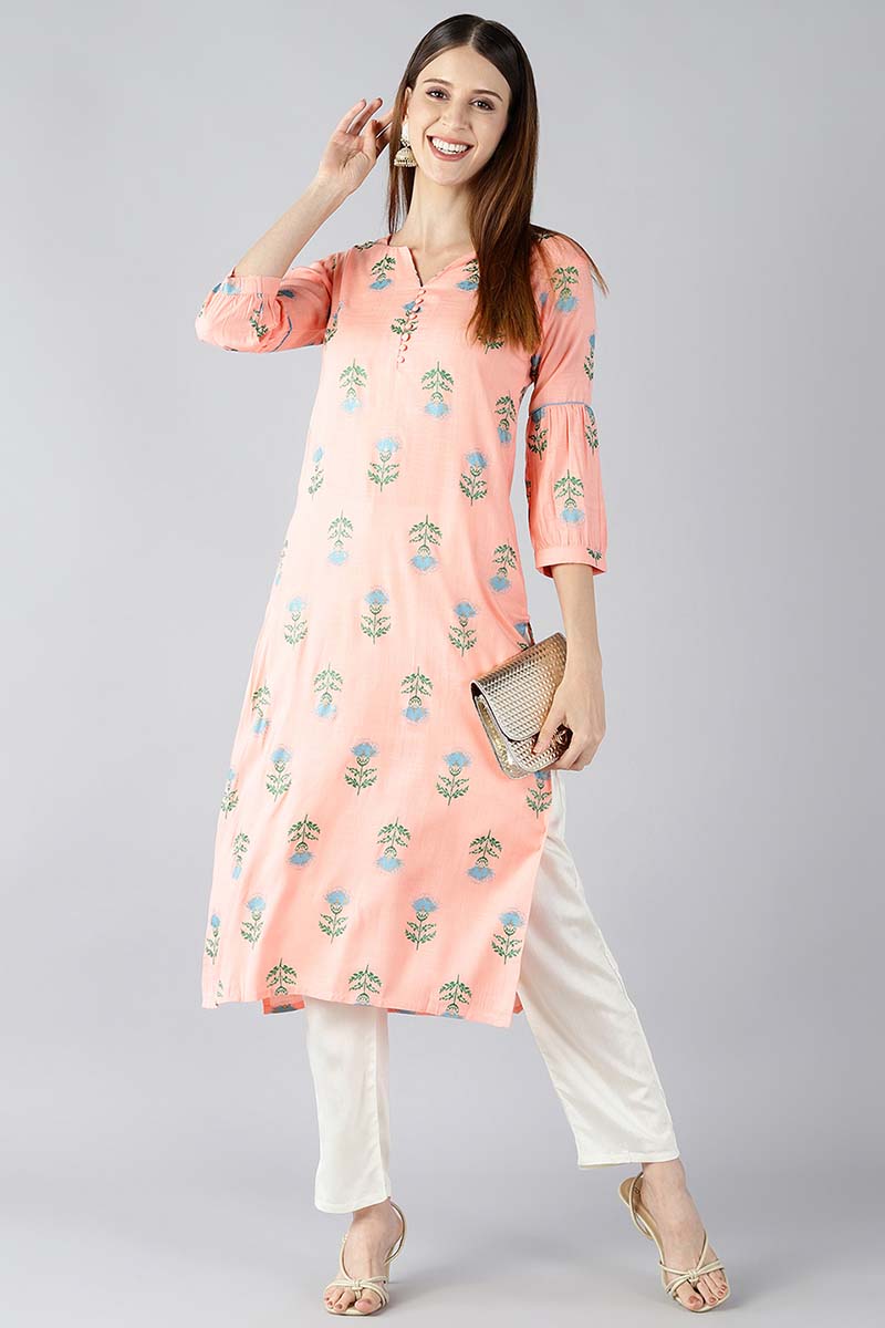 AHIKA Women Peach Coloured & Blue Printed Straight Kurta