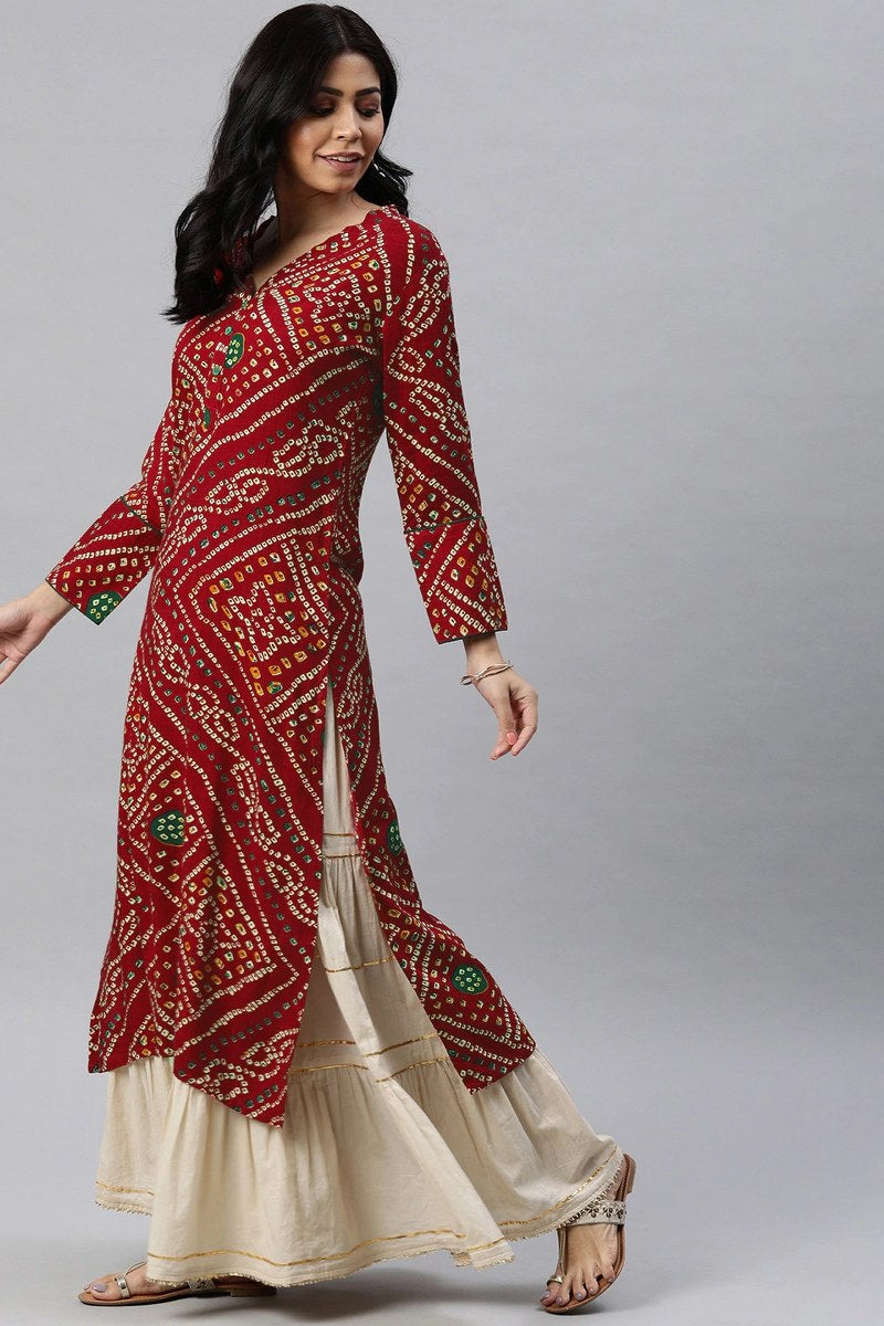 Rayon Blend Red And Beige Bandhani Printed Straight Kurta VCK1708E