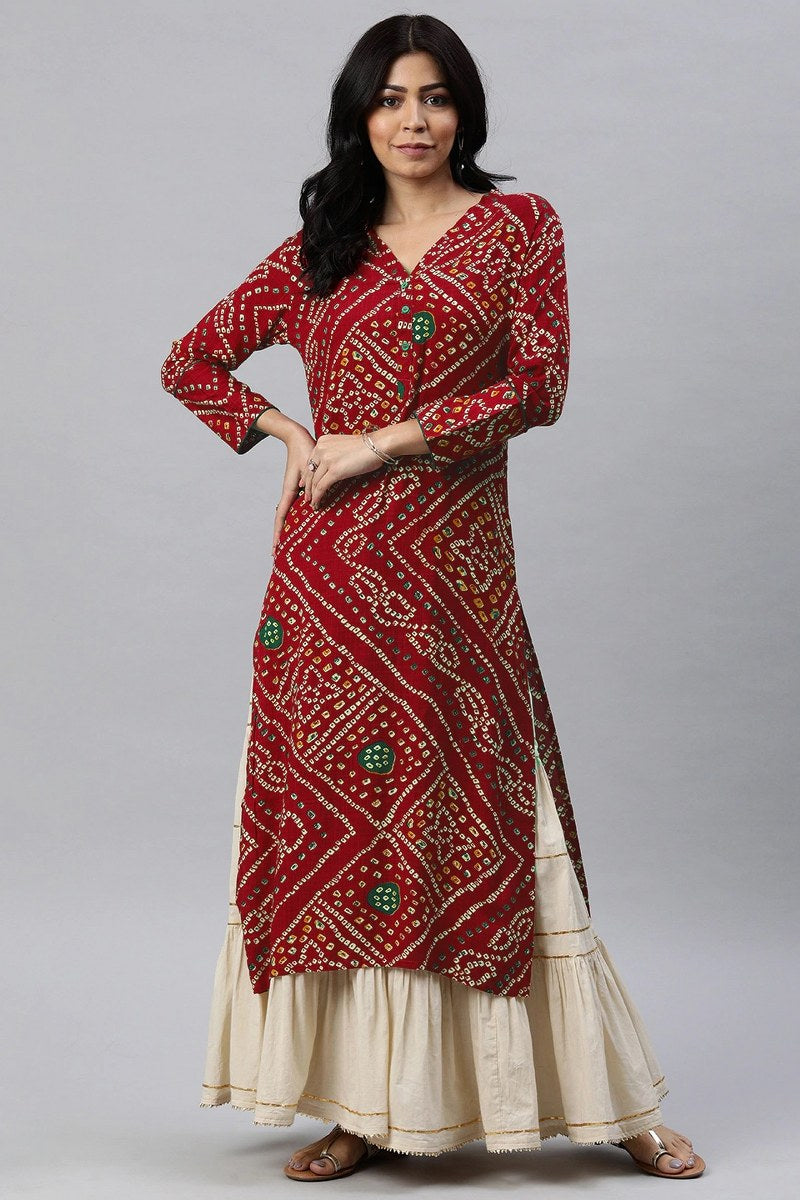 Rayon Blend Red And Beige Bandhani Printed Straight Kurta VCK1708E