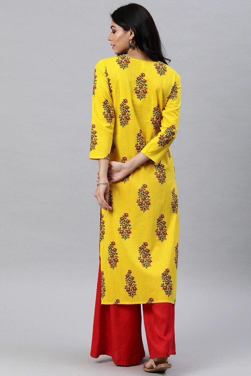 Ahika Women Yellow Floral Printed Straight Kurta