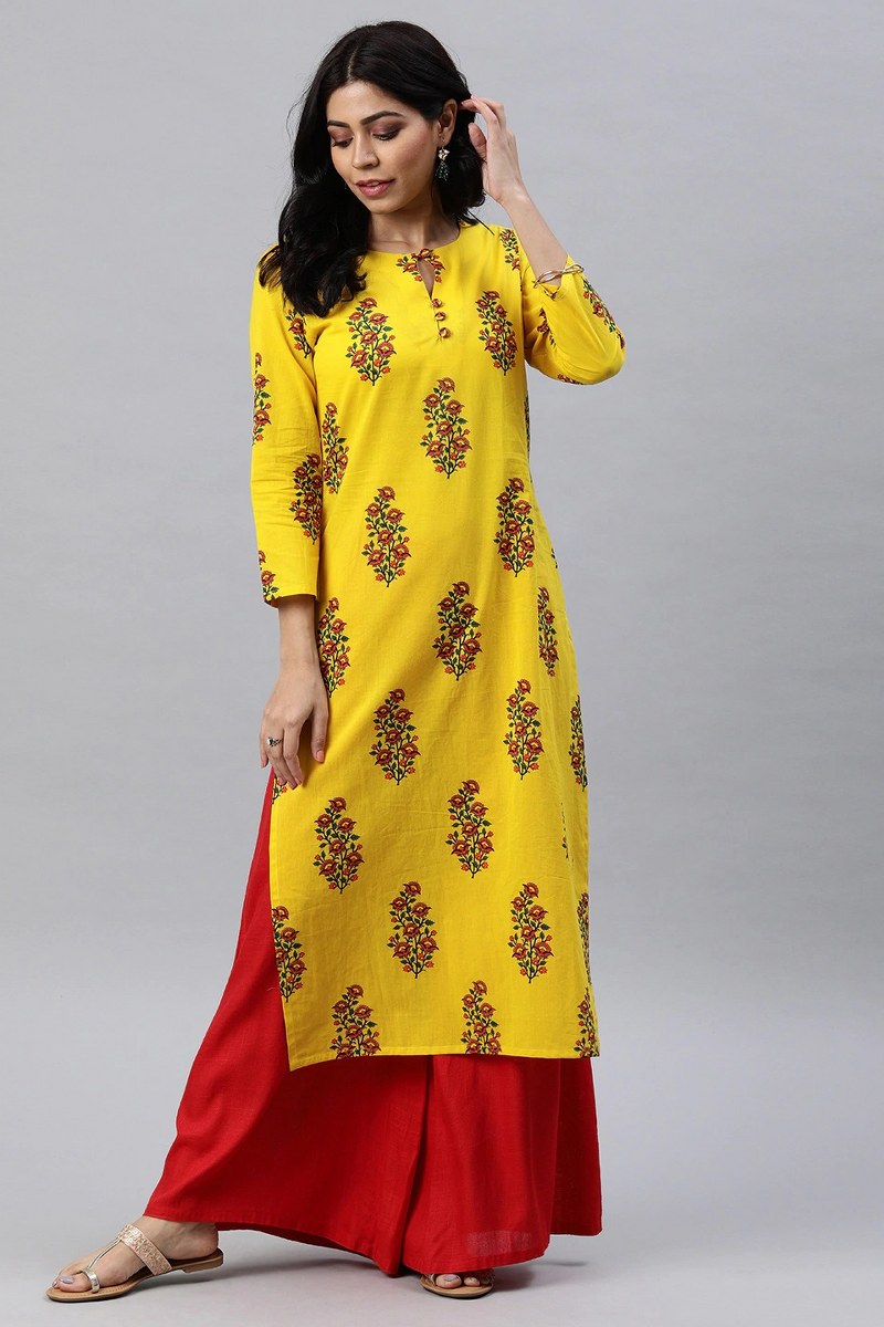 Ahika Women Yellow Floral Printed Straight Kurta