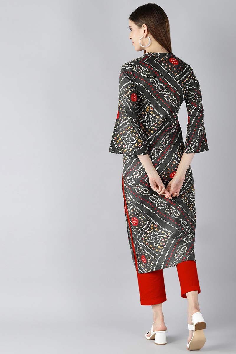 Ahika Women Charcoal Grey And Red Bandhani Printed Straight Kurta