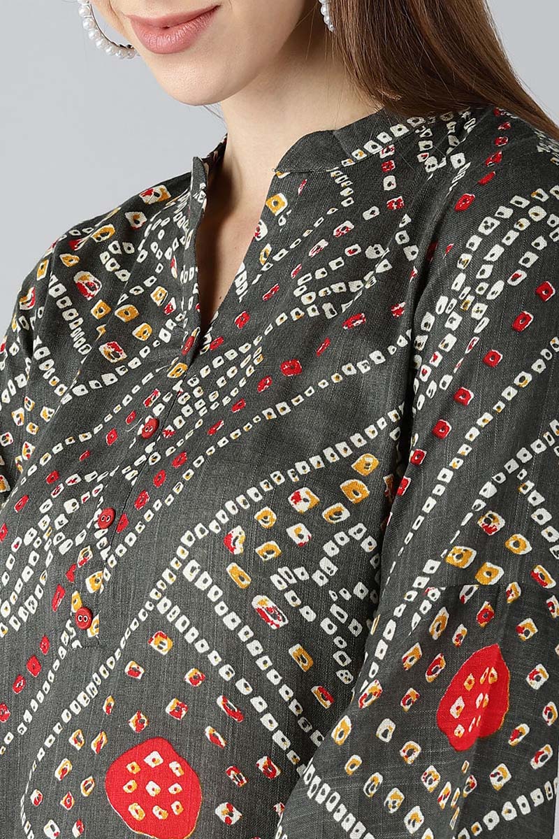 Ahika Women Charcoal Grey And Red Bandhani Printed Straight Kurta