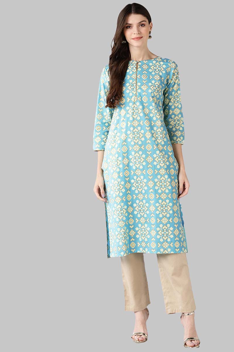 Ahika Women Blue Printed Straight Kurta