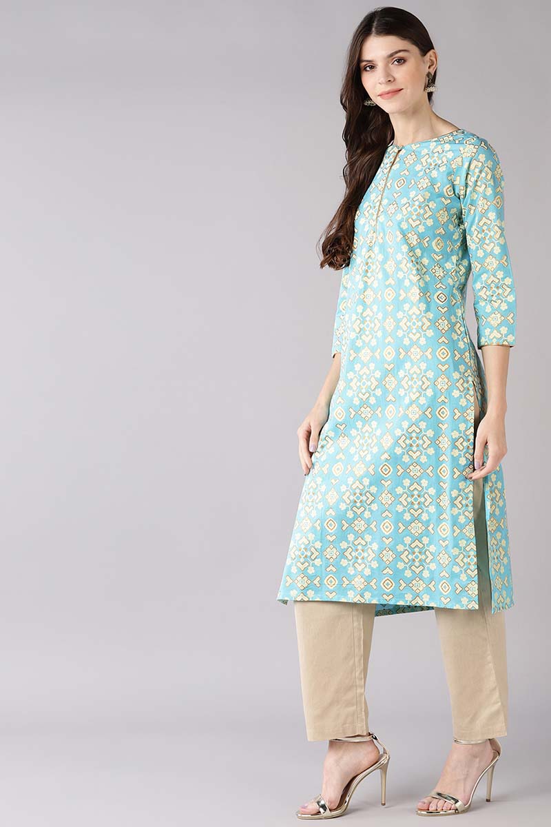 Ahika Women Blue Printed Straight Kurta