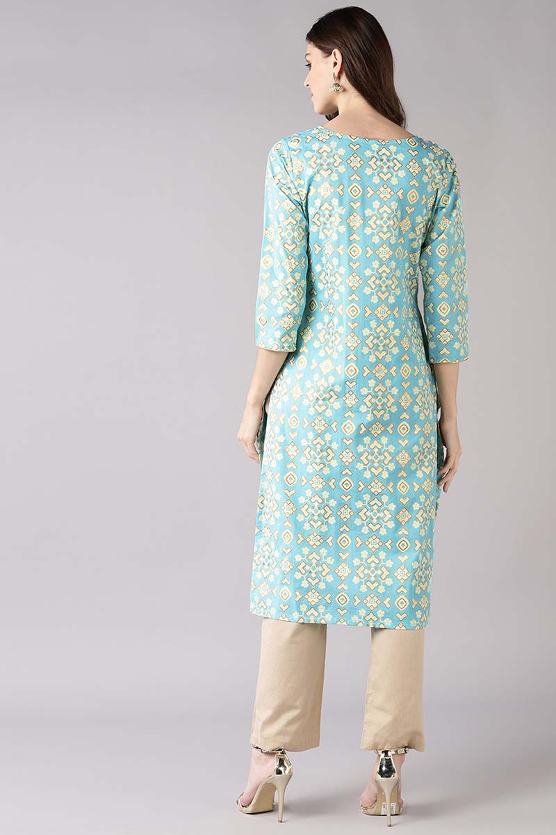 Ahika Women Blue Printed Straight Kurta