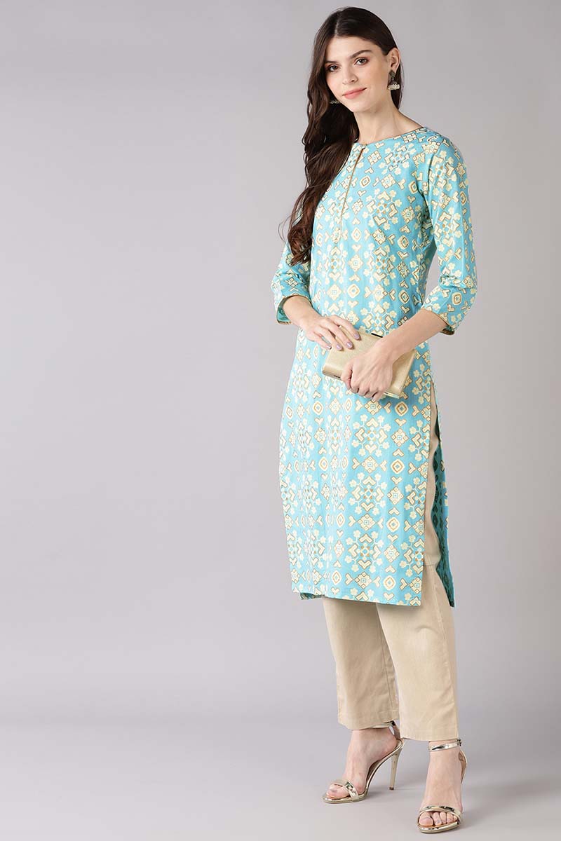 Ahika Women Blue Printed Straight Kurta