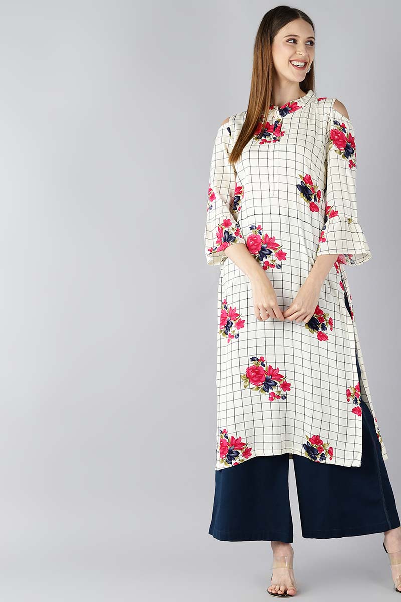 Ahika Women Off White And Black Checked Straight Kurta With Floral Print