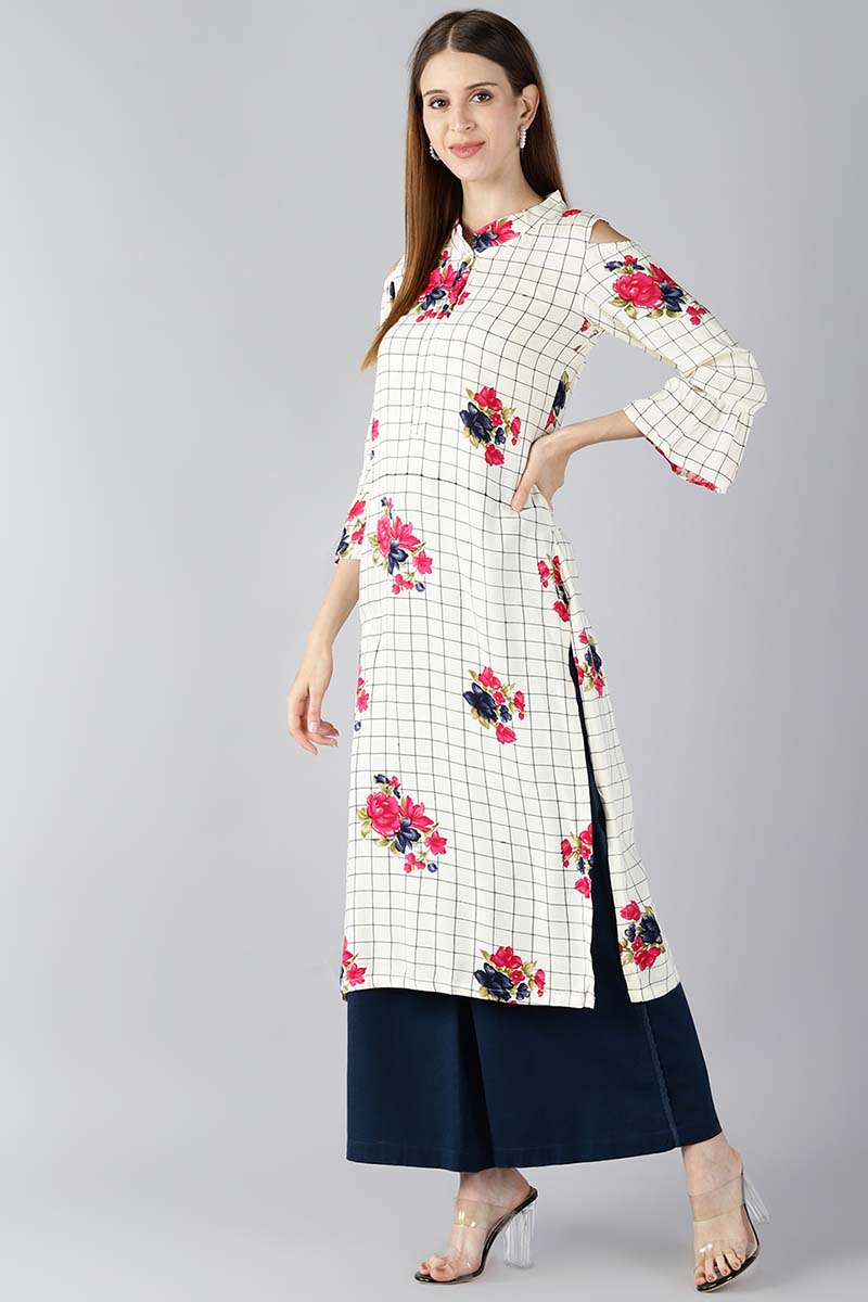 Ahika Women Off White And Black Checked Straight Kurta With Floral Print