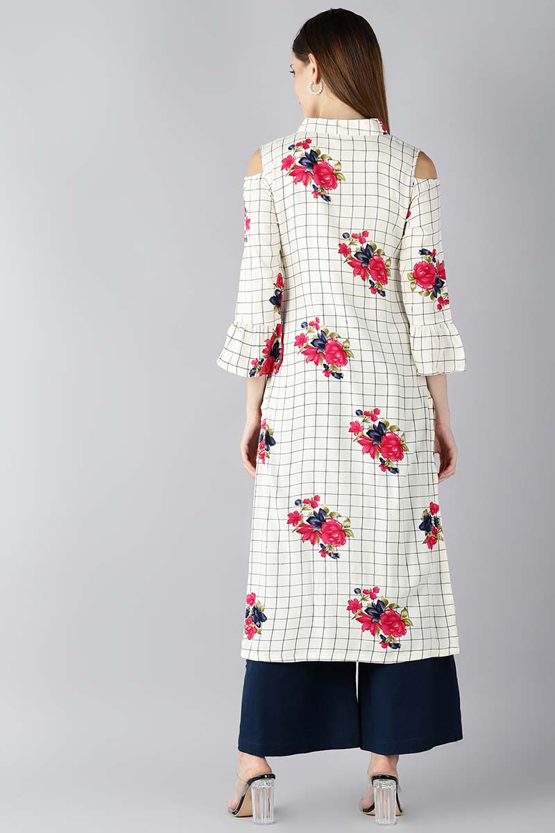 Ahika Women Off White And Black Checked Straight Kurta With Floral Print